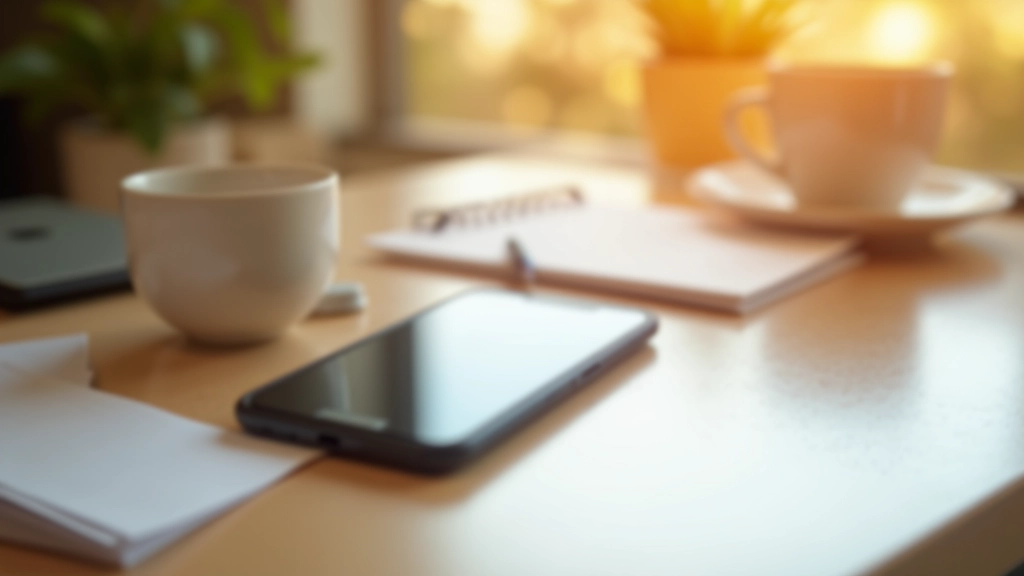 Telefon komórkowy na biurku obok filiżanki kawy — dystrakacja i multitasking